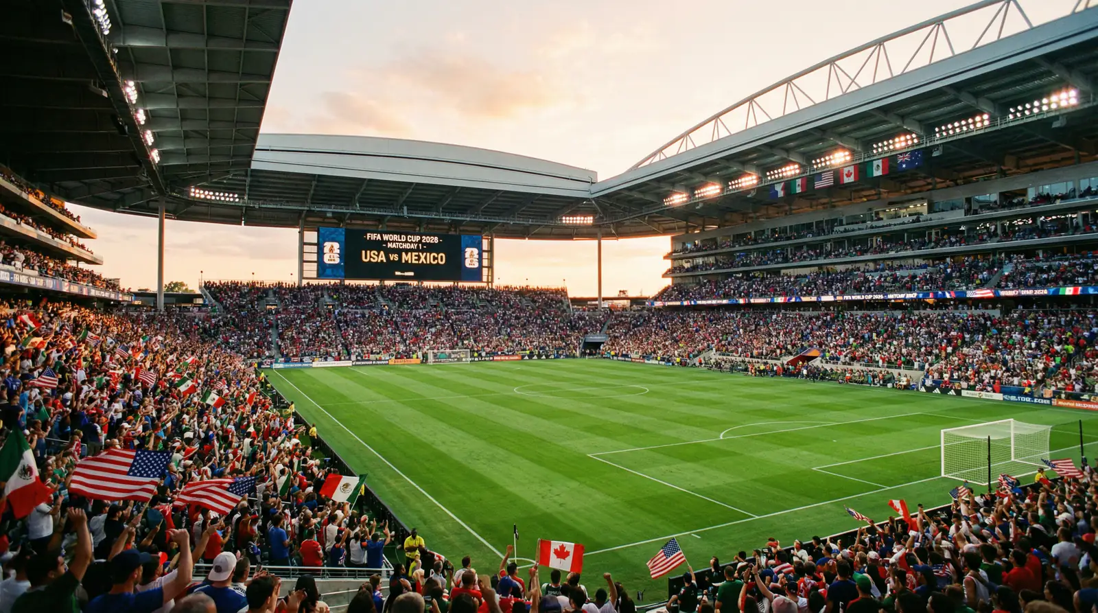 Pasaules kausa 2026 futbola stadions ar zaļu laukumu un skatītāju tribīnēm
