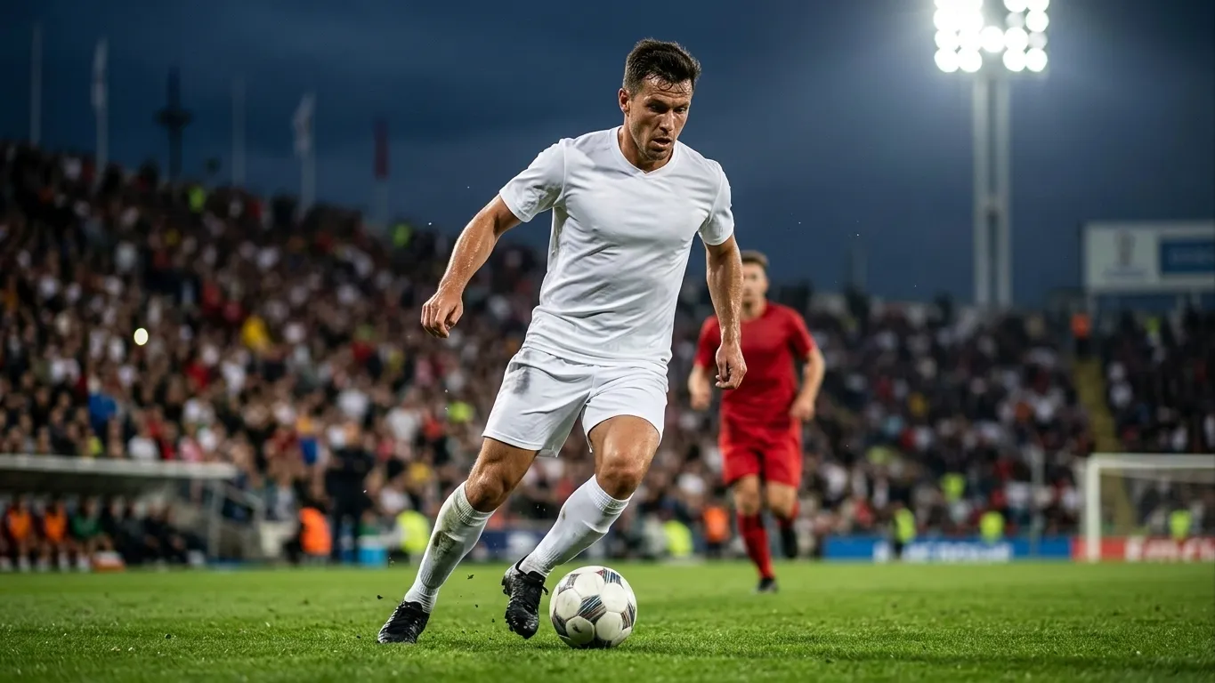 Angļu futbolists baltā kreklā vada bumbu Pasaules kausa 2026 sešpadsmitdaļfināla spēlē