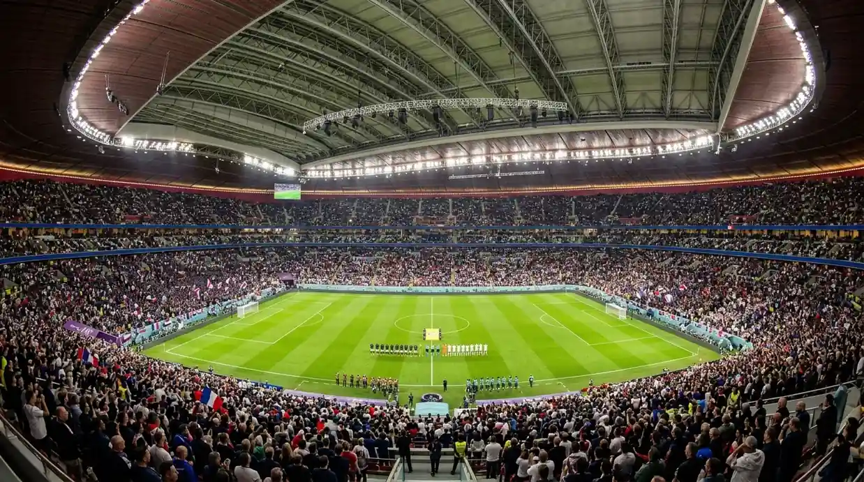 Stadiona ārskats Pasaules kausa 2026 sešpadsmitdaļfināla spēlē ar pilnām tribīnēm