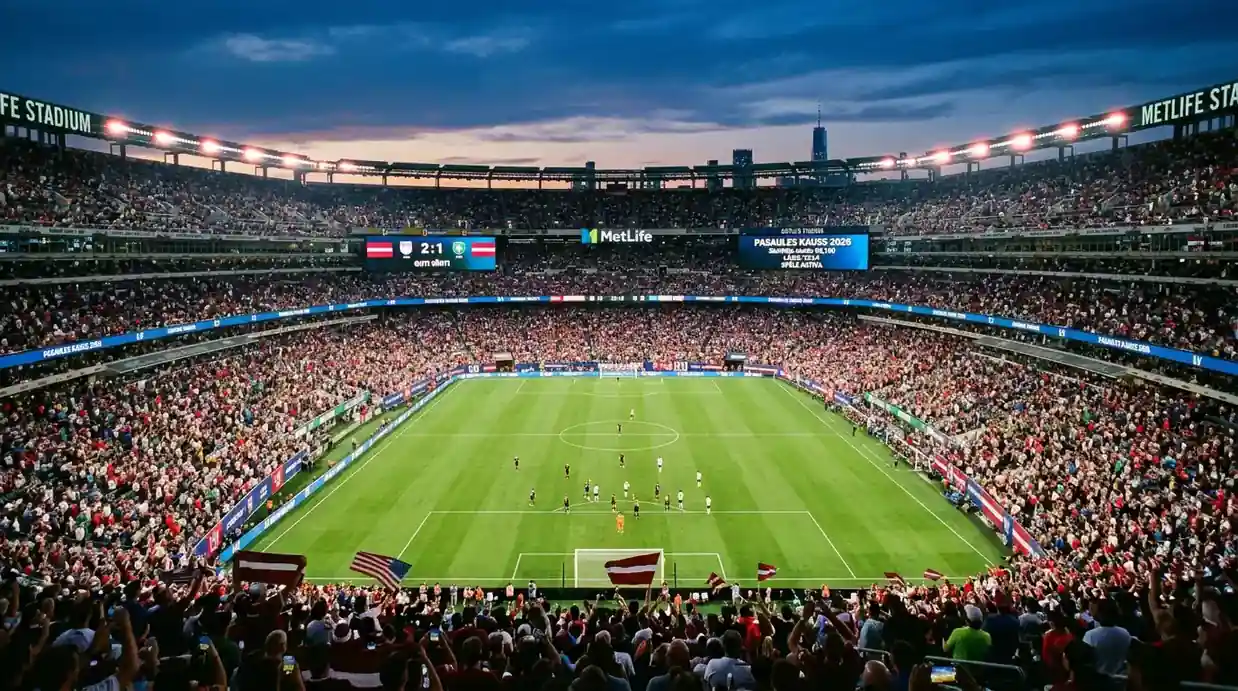 Stadiona ārskats Pasaules kausa 2026 spēlē ar pilnām tribīnēm vakara apgaismojumā