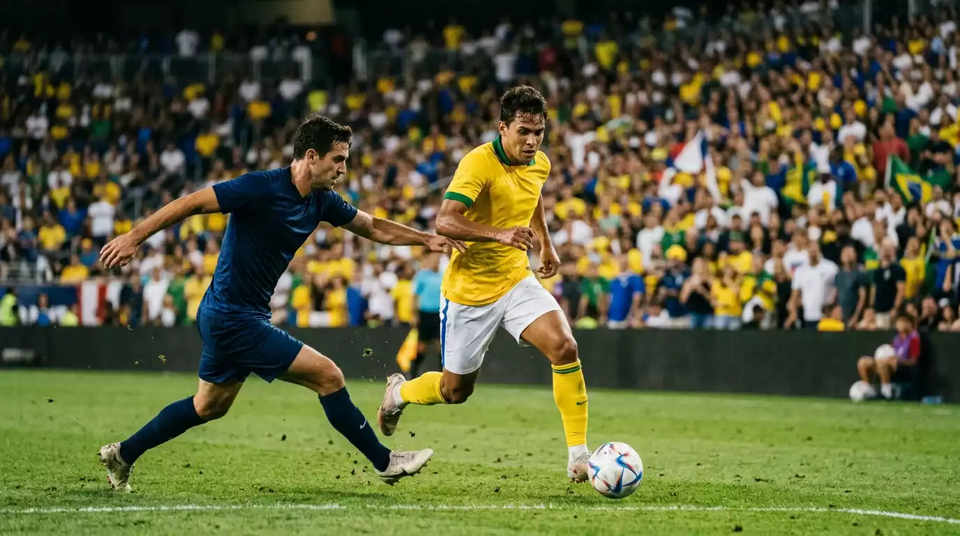 Brazīlijas futbolists dzeltenā kreklā uzbrukumā Pasaules kausa 2026 spēlē