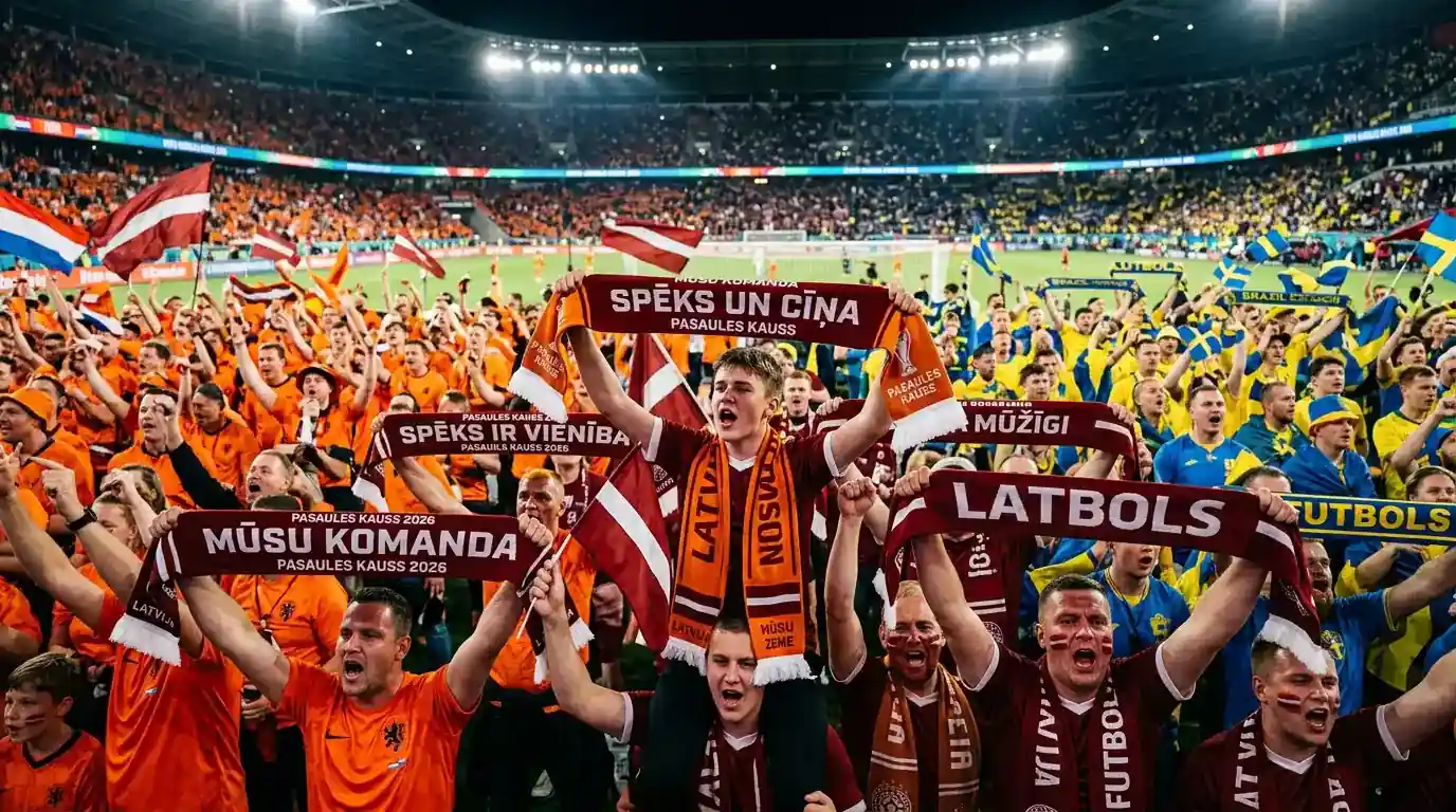 Oranžā un zilā krāsā tērpti futbola līdzjutēji Pasaules kausa 2026 stadionā