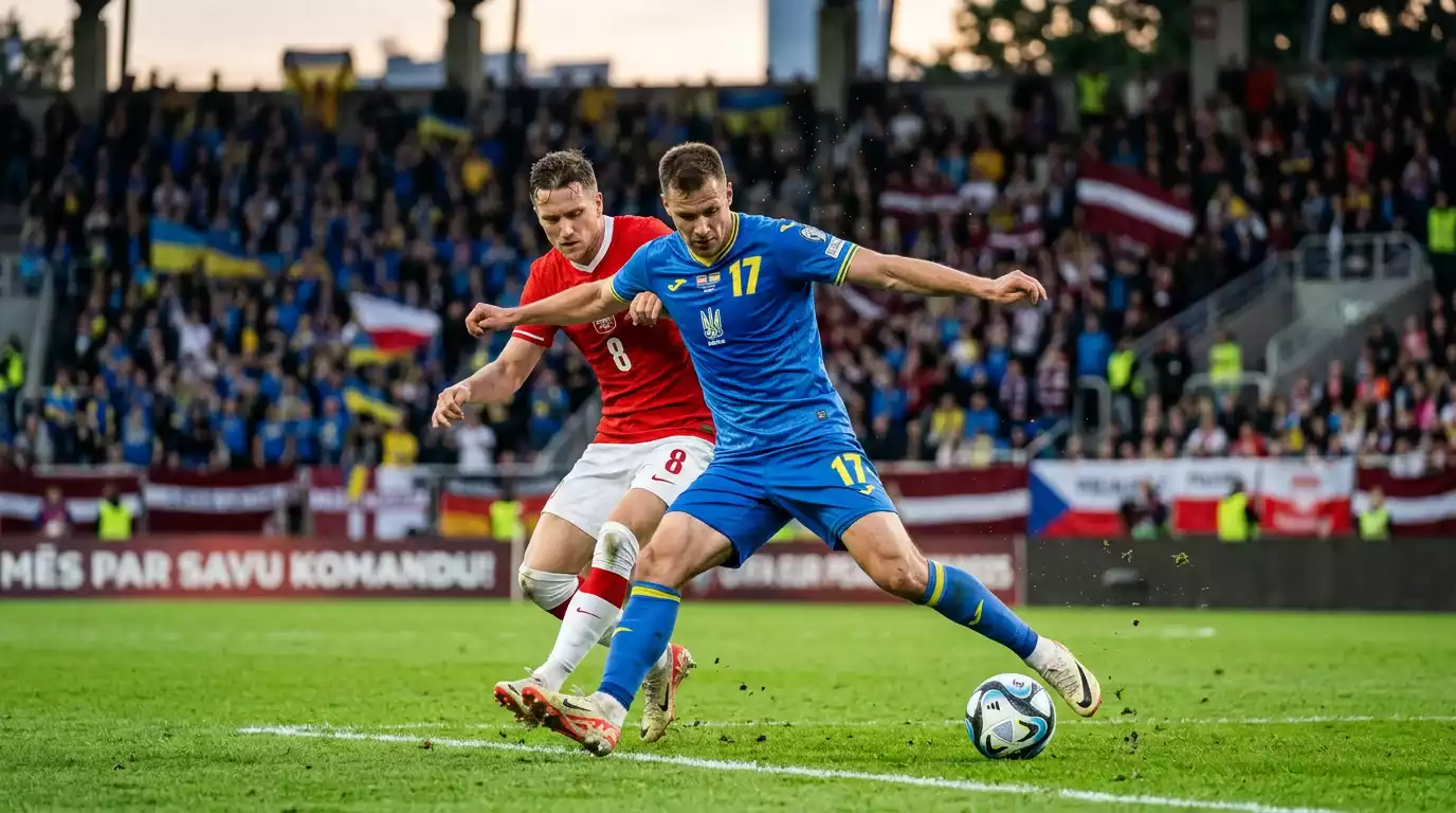 Futbolists zilā un dzeltenā kreklā cīņā par bumbu Pasaules kausa 2026 spēlē