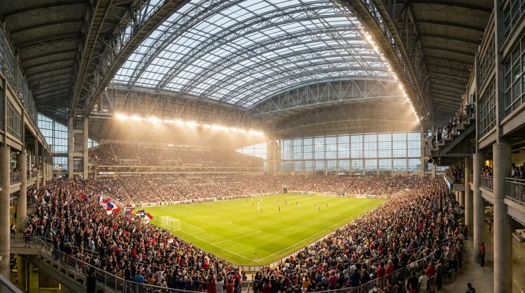 NRG Stadium Hjūstonā — PK 2026 norises vieta ar slēgtu jumtu un klimata kontroli, kur notiks Nīderlandes un Zviedrijas mačs