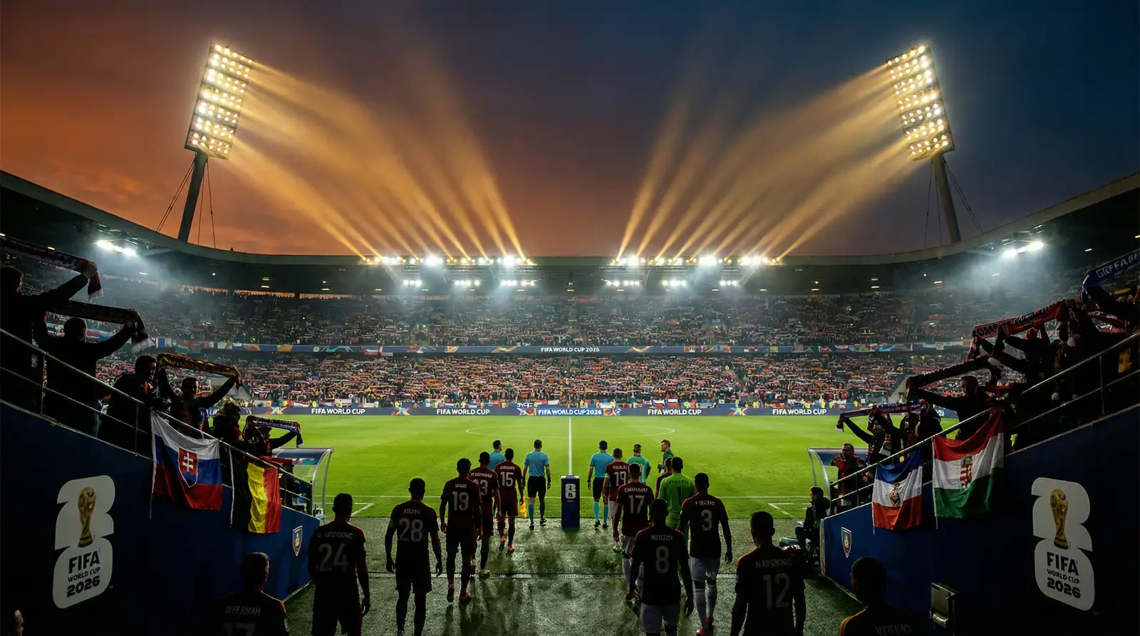 Futbola spēlētāji uz laukuma pirms PK 2026 izslēgšanas spēles vakarā zem stadiona prožektoriem